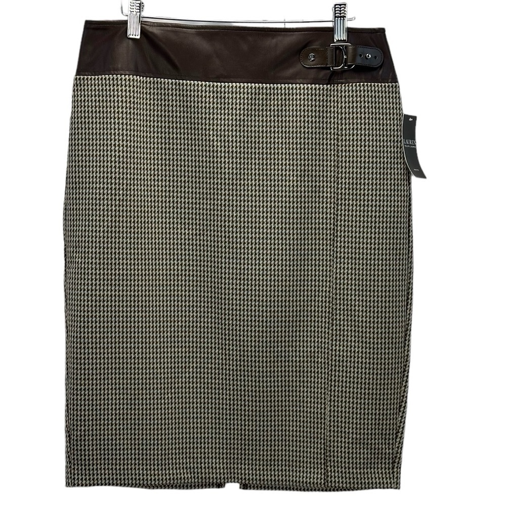 Lauren Ralph Lauren Faux Leather Trim Herringbone Pattern Skirt - Brown - 12P